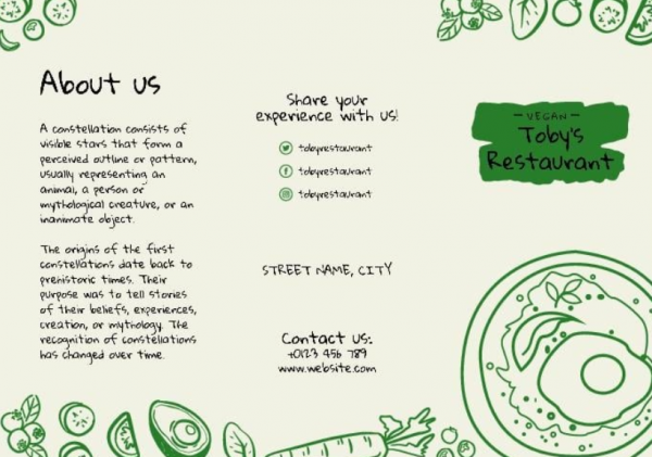 Desain brosur katering dengan latar belakang putih dan aksen hijau